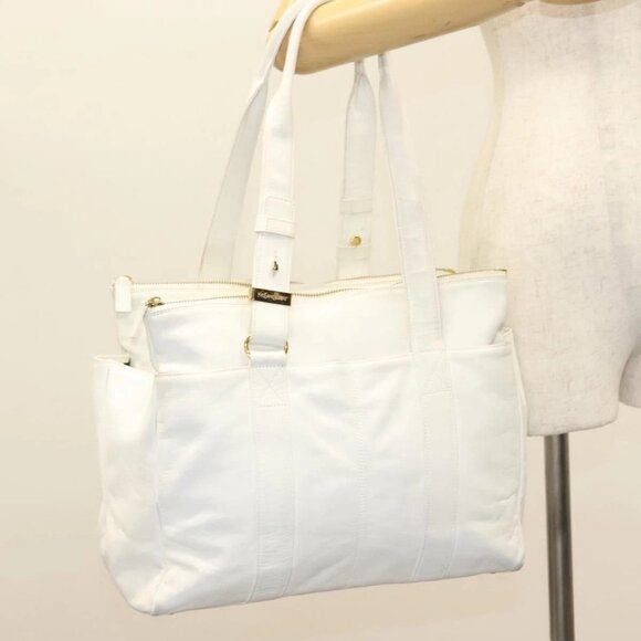 SAINT LAURENT Tote Bag Leather White Gold Auth - Picture 1 of 16